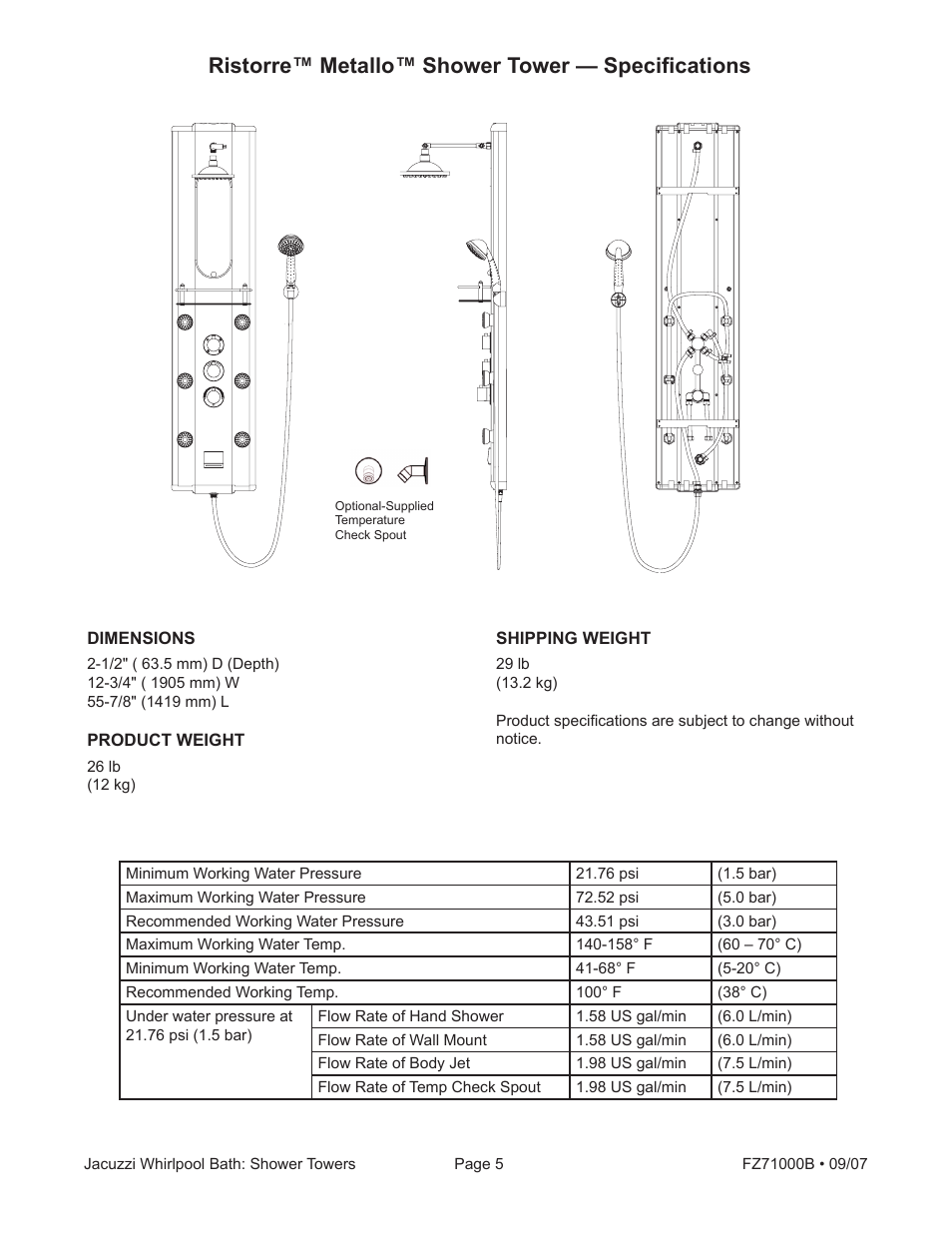 Ristorre™ metallo™ shower tower — specifications | Jacuzzi Ristorre Metallo EC33000 User Manual | Page 5 / 16