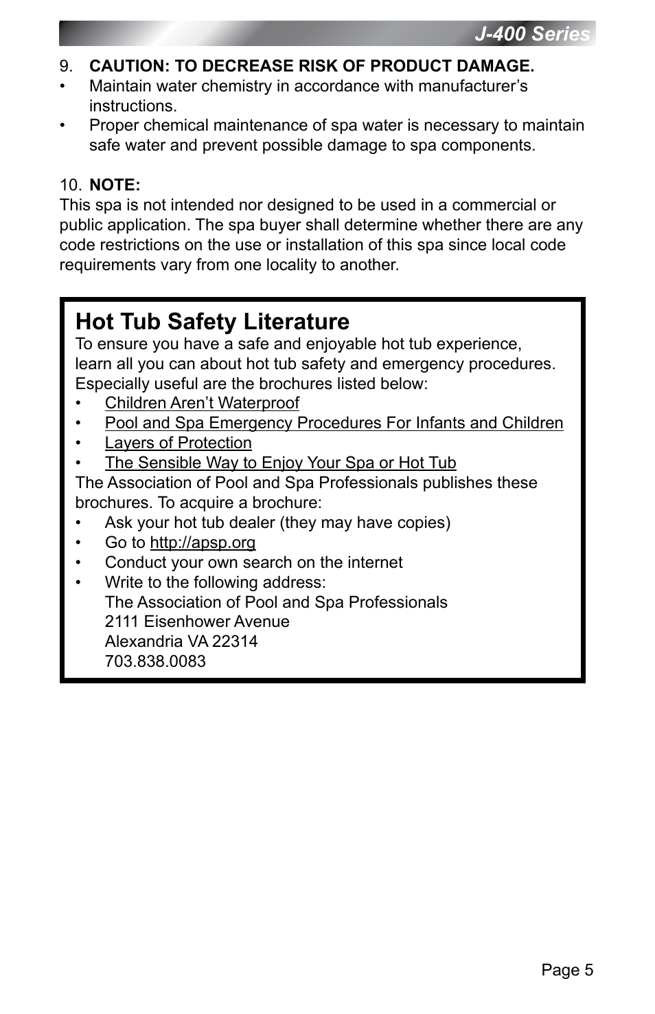 Hot tub safety literature, J-400 series | Jacuzzi J - 400 SERIES J - 460 User Manual | Page 10 / 77