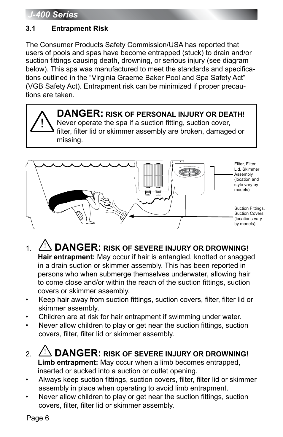 1 entrapment risk, Entrapment risk, Danger | Jacuzzi J - 400 SERIES J - 460 User Manual | Page 11 / 77