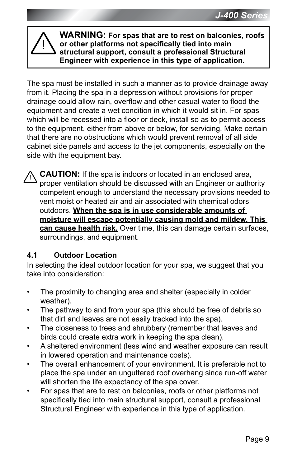 1 outdoor location, Outdoor location | Jacuzzi J - 400 SERIES J - 460 User Manual | Page 14 / 77