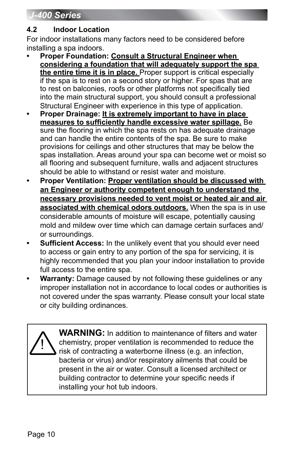 2 indoor location, Indoor location | Jacuzzi J - 400 SERIES J - 460 User Manual | Page 15 / 77