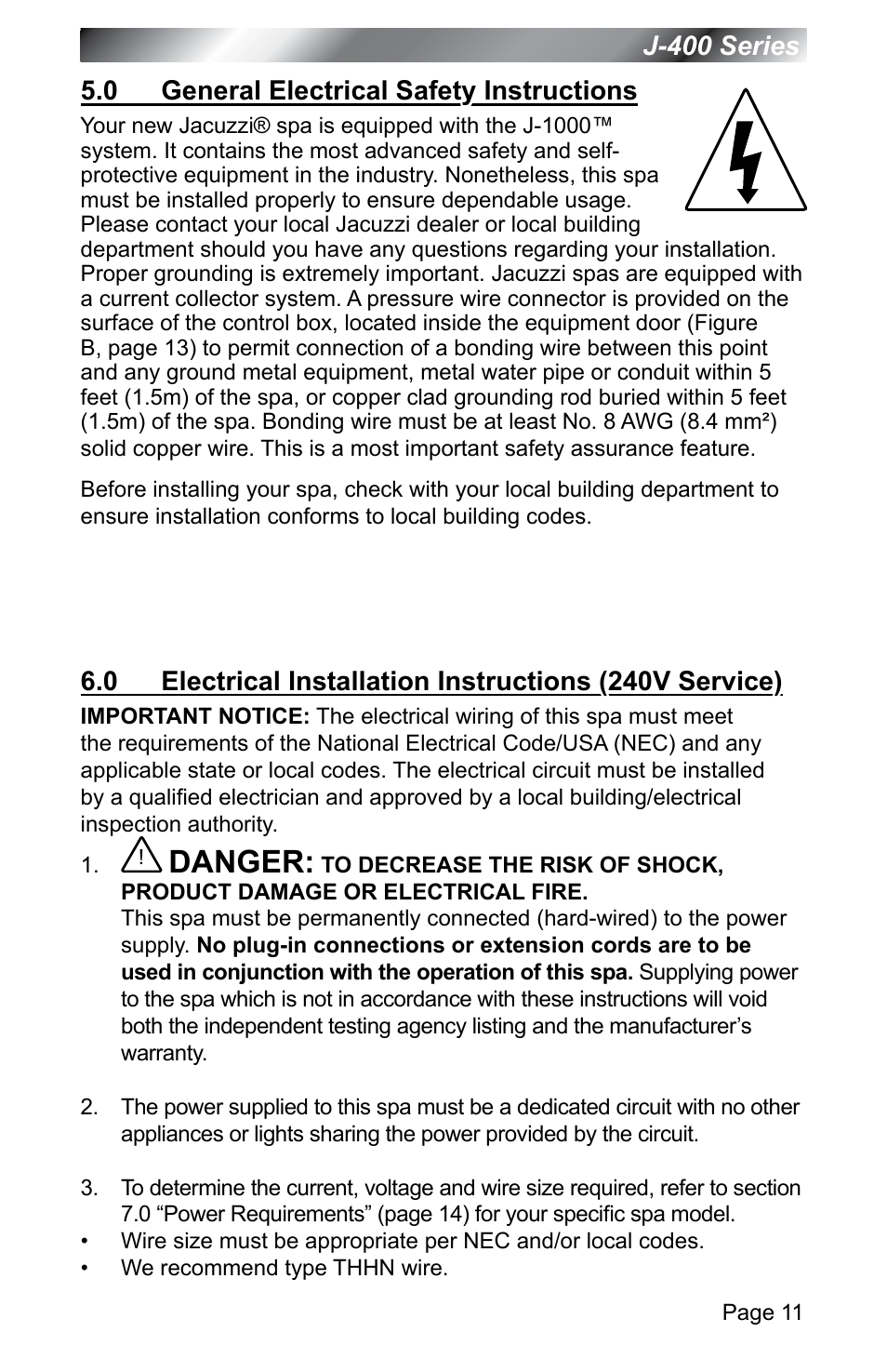 0 general electrical safety instructions, General electrical safety instructions, Danger | Jacuzzi J - 400 SERIES J - 460 User Manual | Page 16 / 77
