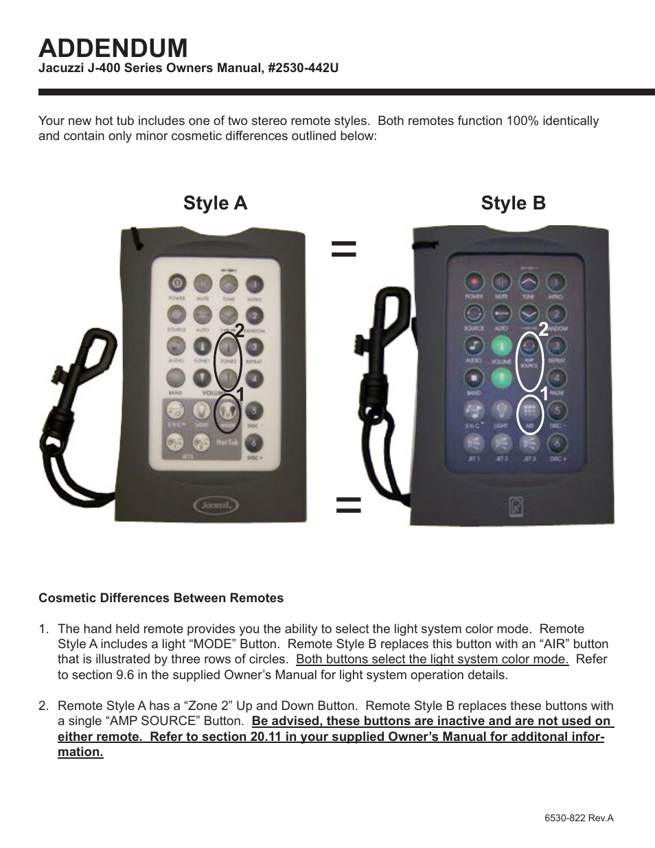 Stereo remote addendum, Addendum | Jacuzzi J - 400 SERIES J - 460 User Manual | Page 2 / 77