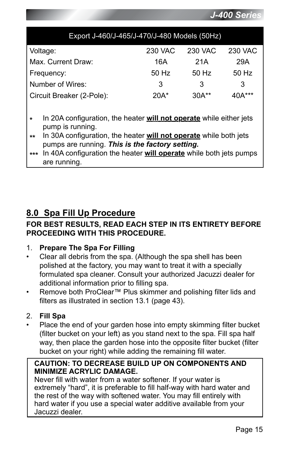 0 spa fill up procedure, Spa fill up procedure, J-400 series | Jacuzzi J - 400 SERIES J - 460 User Manual | Page 20 / 77