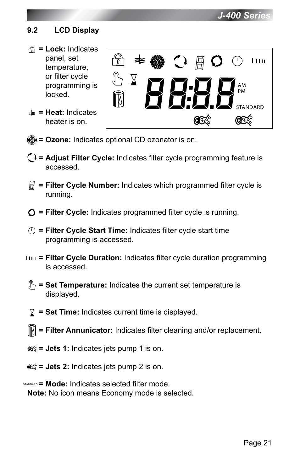 2 lcd display, Lcd display, J-400 series | Jacuzzi J - 400 SERIES J - 460 User Manual | Page 26 / 77