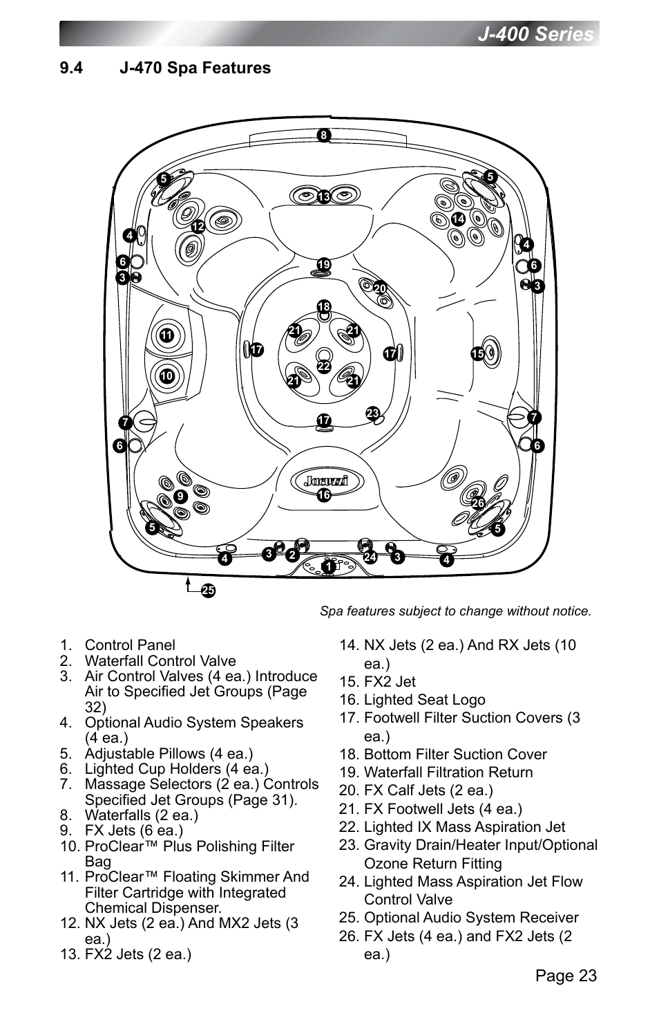 4 j-470 spa features, J-470 spa features, J-400 series | Page 23 | Jacuzzi J - 400 SERIES J - 460 User Manual | Page 28 / 77
