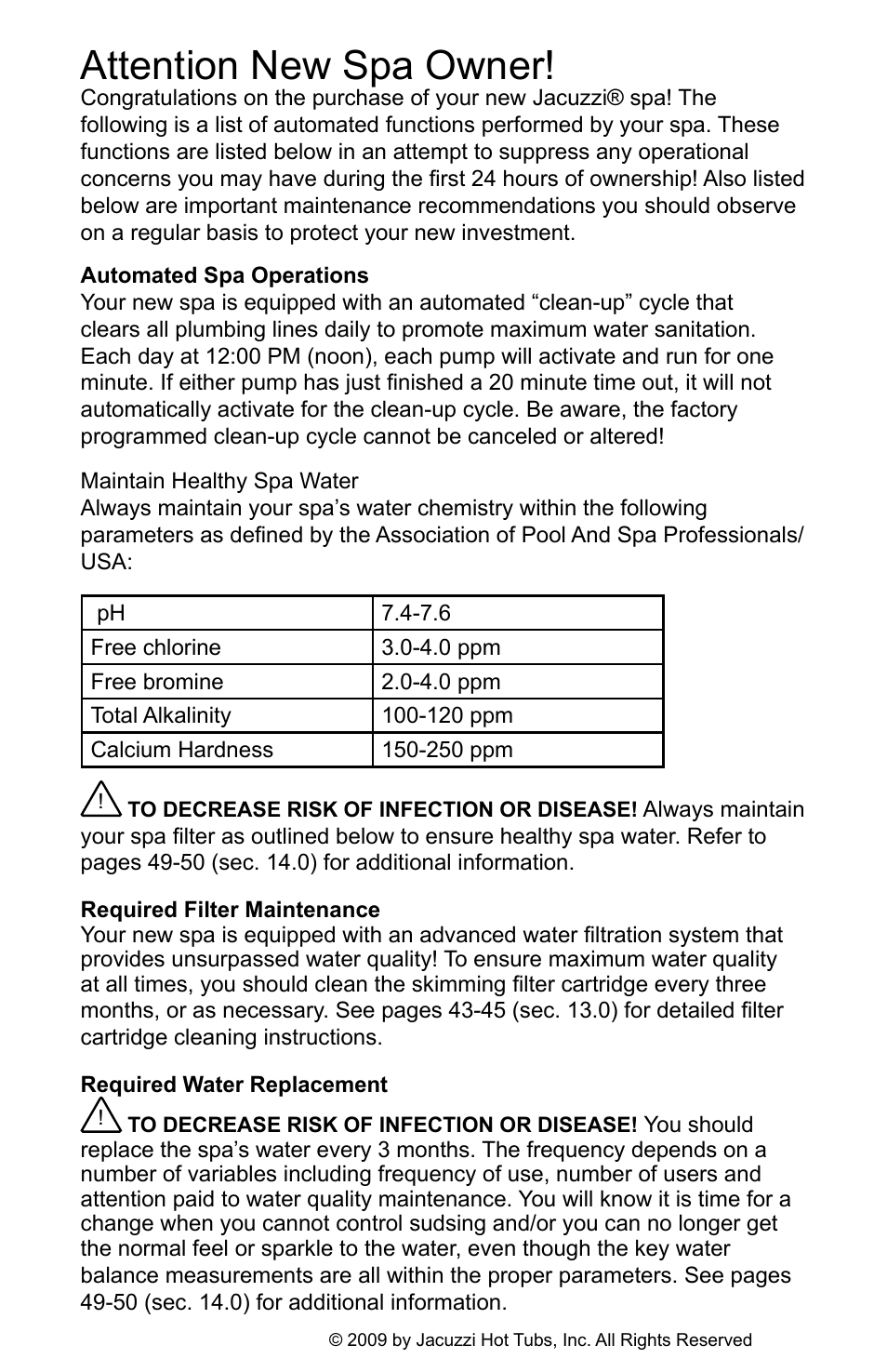 Attention new spa owner | Jacuzzi J - 400 SERIES J - 460 User Manual | Page 3 / 77