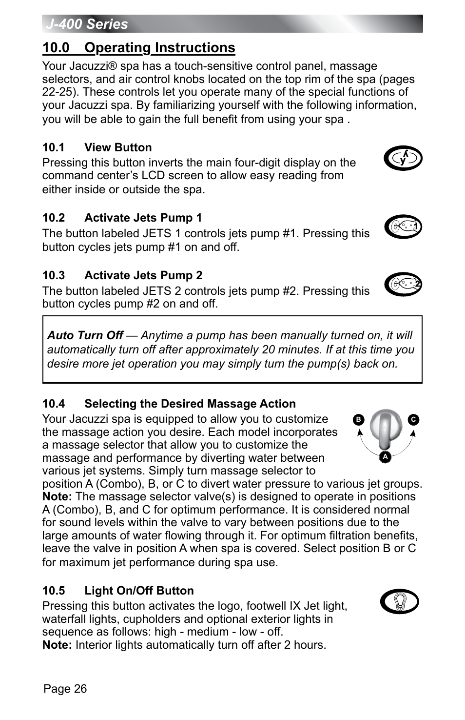 0 operating instructions, 1 view button, 2 activate jets pump 1 | 3 activate jets pump 2, 4 selecting the desired massage action, 5 light on/off button | Jacuzzi J - 400 SERIES J - 460 User Manual | Page 31 / 77