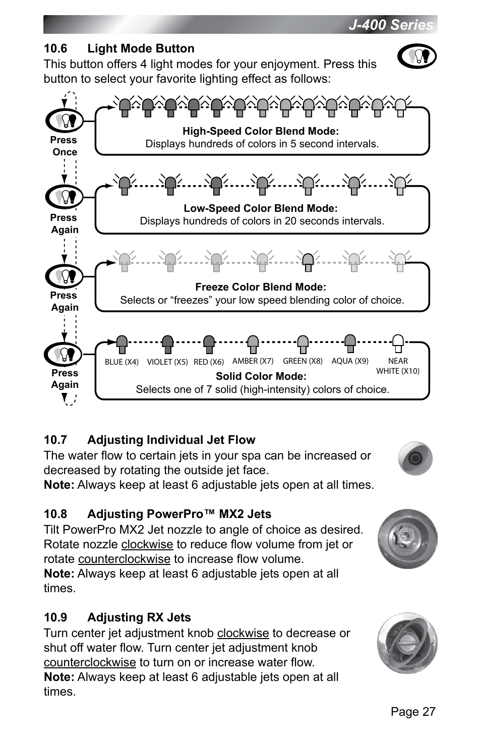 6 light mode button, 7 adjusting individual jet flow, 8 adjusting powerpro™ mx2 jets | 9 adjusting rx jets, J-400 series | Jacuzzi J - 400 SERIES J - 460 User Manual | Page 32 / 77