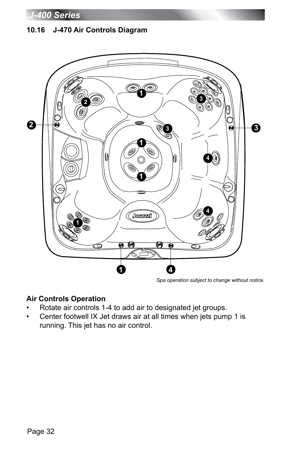 16 j-470 air controls diagram, J-400 series | Jacuzzi J - 400 SERIES J - 460 User Manual | Page 37 / 77