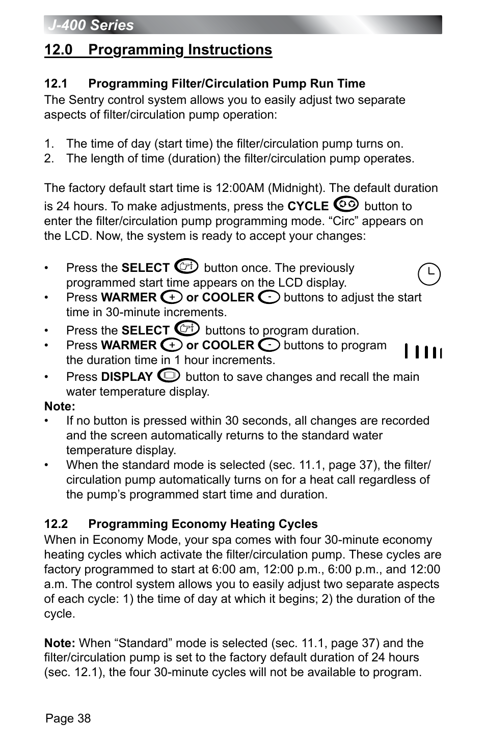 0 programming instructions, 1 programming filter/circulation pump run time, 2 programming economy heating cycles | Jacuzzi J - 400 SERIES J - 460 User Manual | Page 43 / 77