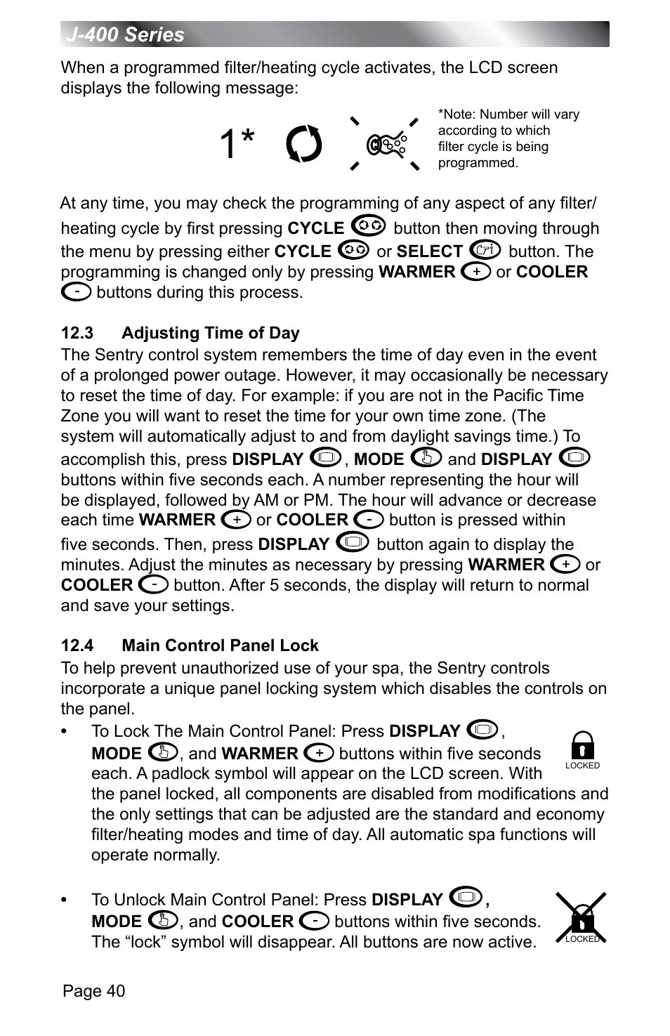 3 adjusting time of day, 4 main control panel lock, J-400 series | Jacuzzi J - 400 SERIES J - 460 User Manual | Page 45 / 77