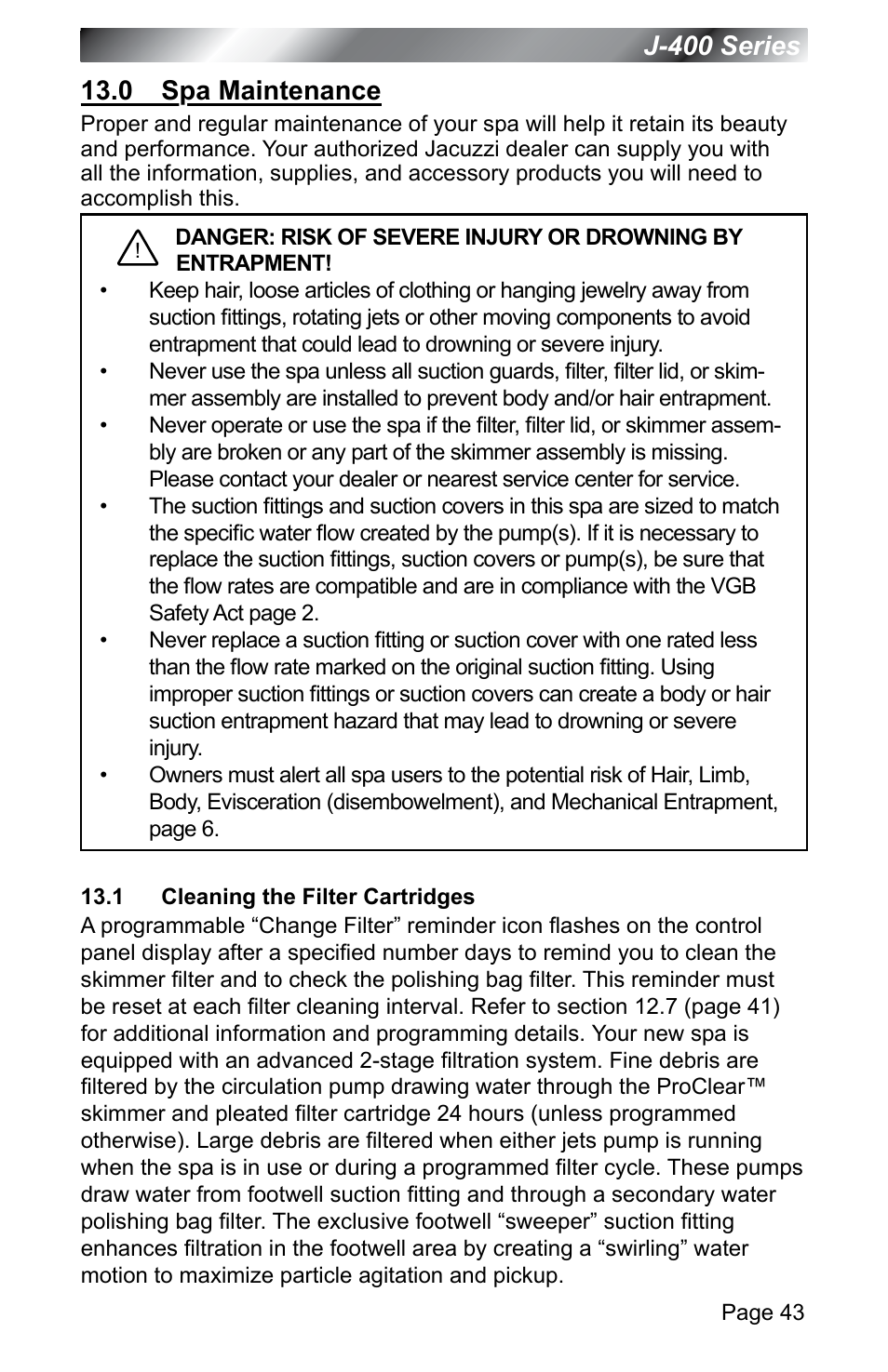 0 spa maintenance, 1 cleaning the filter cartridges | Jacuzzi J - 400 SERIES J - 460 User Manual | Page 48 / 77