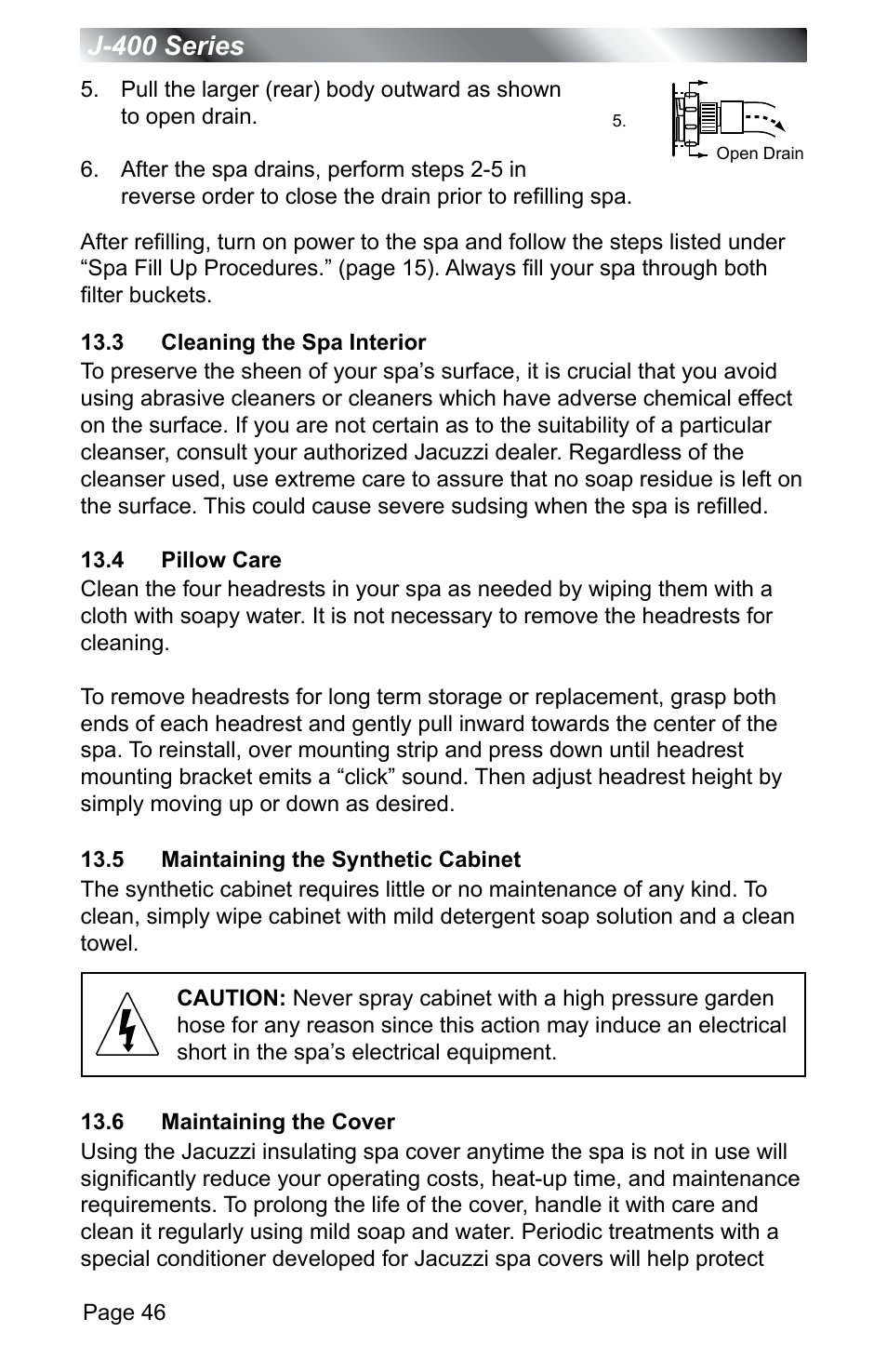 3 cleaning the spa interior, 4 pillow care, 5 maintaining the synthetic cabinet | 6 maintaining the cover, J-400 series | Jacuzzi J - 400 SERIES J - 460 User Manual | Page 51 / 77