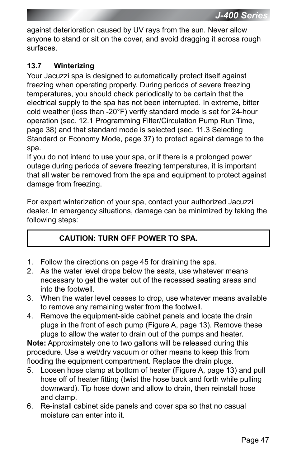 7 winterizing, J-400 series | Jacuzzi J - 400 SERIES J - 460 User Manual | Page 52 / 77