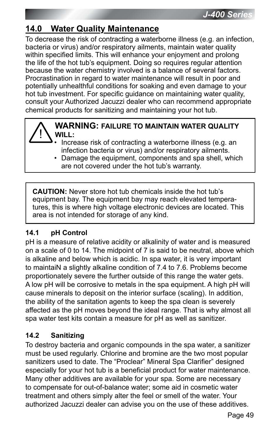 0 water quality maintenance, 1 ph control, 2 sanitizing | 49) for general guidance | Jacuzzi J - 400 SERIES J - 460 User Manual | Page 54 / 77