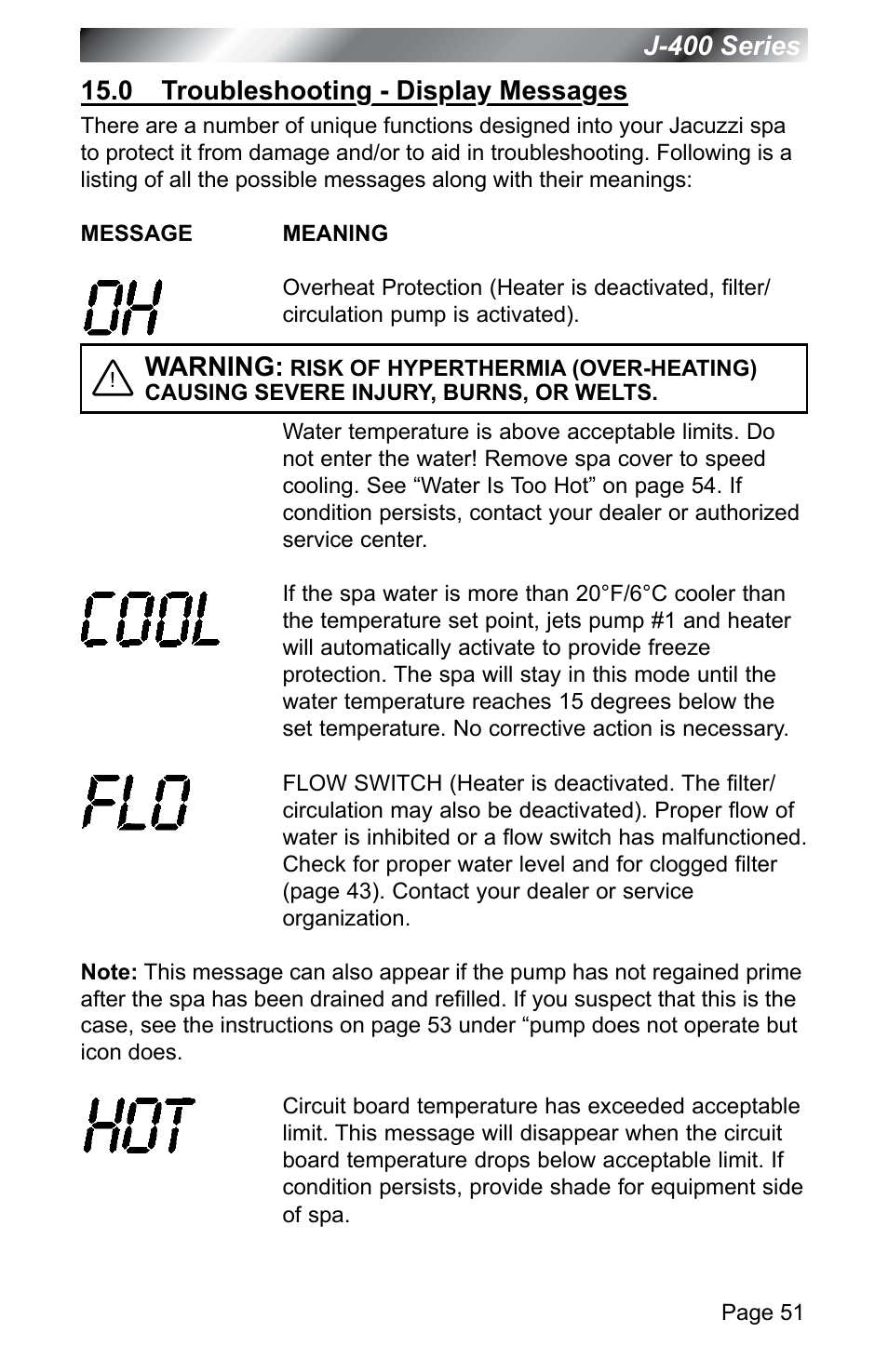 0 troubleshooting - display messages | Jacuzzi J - 400 SERIES J - 460 User Manual | Page 56 / 77