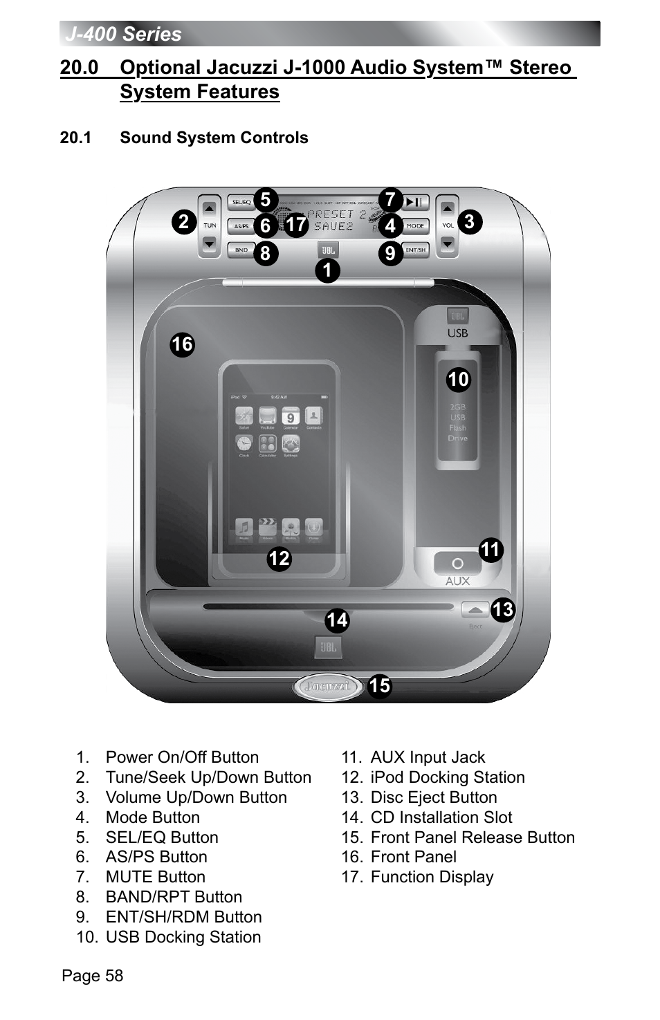 1 sound system controls | Jacuzzi J - 400 SERIES J - 460 User Manual | Page 63 / 77