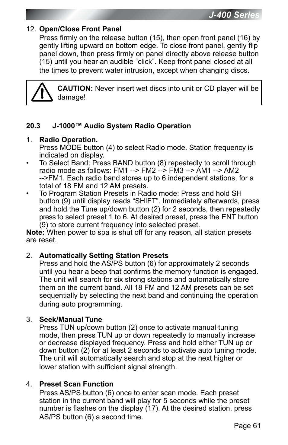 3 j-1000™ audio system radio operation, J-400 series | Jacuzzi J - 400 SERIES J - 460 User Manual | Page 66 / 77