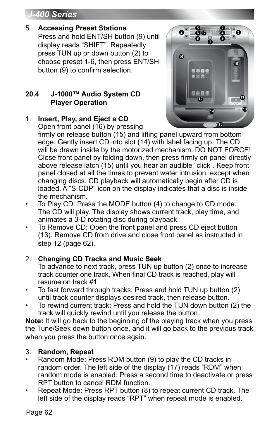 4 j-1000™ audio system cd player operation, J-400 series | Jacuzzi J - 400 SERIES J - 460 User Manual | Page 67 / 77
