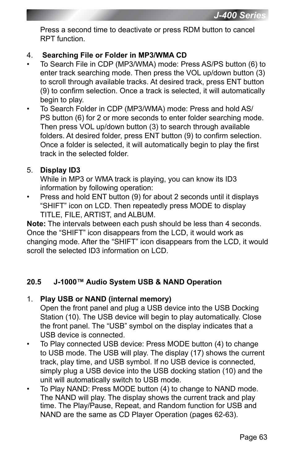 5 j-1000™ audio system usb & nand operation, J-400 series | Jacuzzi J - 400 SERIES J - 460 User Manual | Page 68 / 77