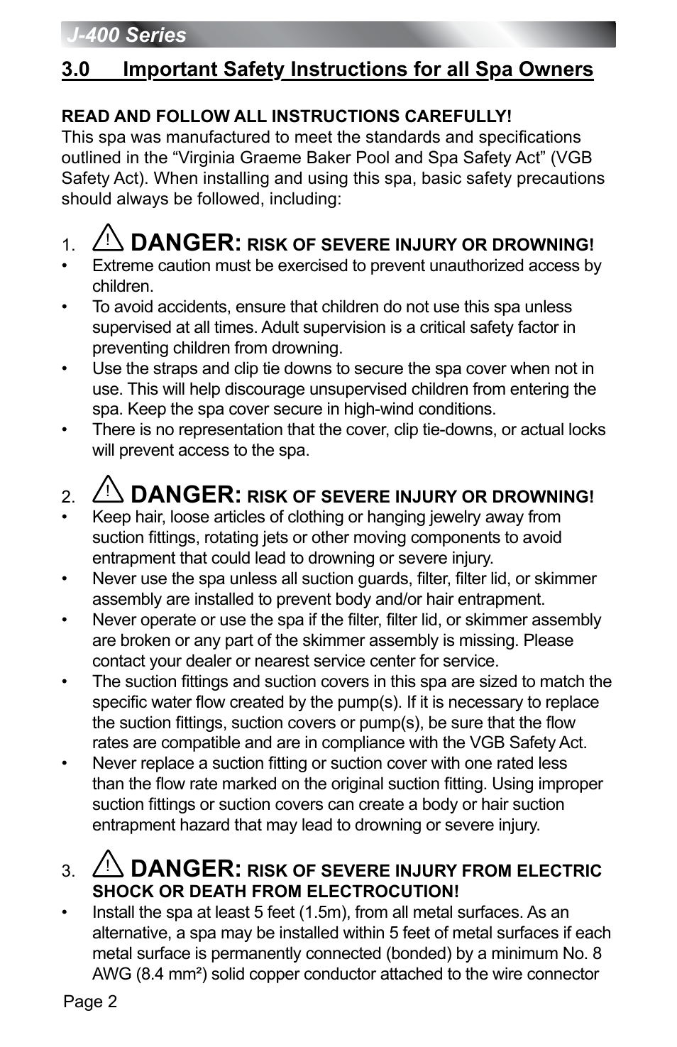 0 important safety instructions for all spa owners, Important safety instructions for all spa owners, Danger | Jacuzzi J - 400 SERIES J - 460 User Manual | Page 7 / 77