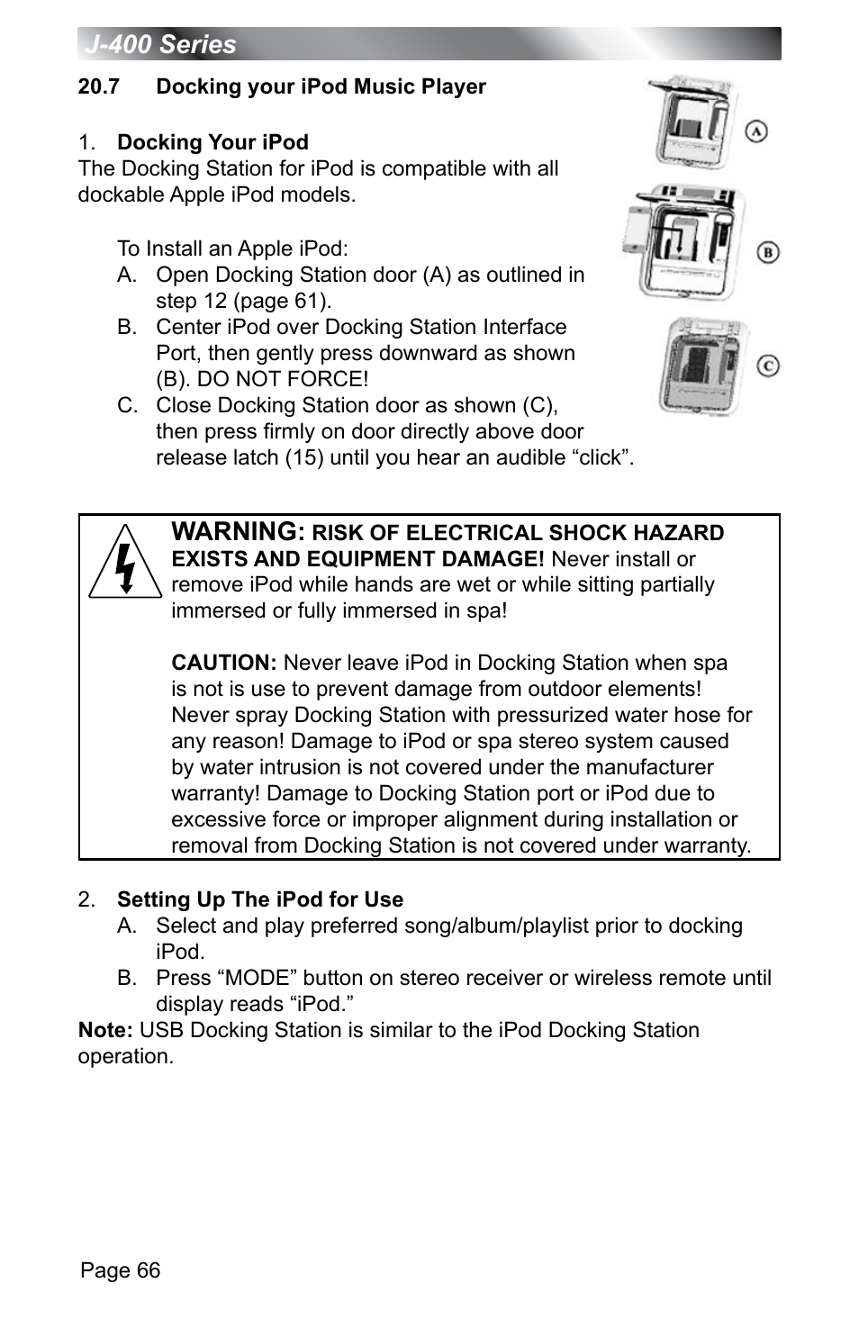 7 docking your ipod music player, J-400 series, Warning | Jacuzzi J - 400 SERIES J - 460 User Manual | Page 71 / 77