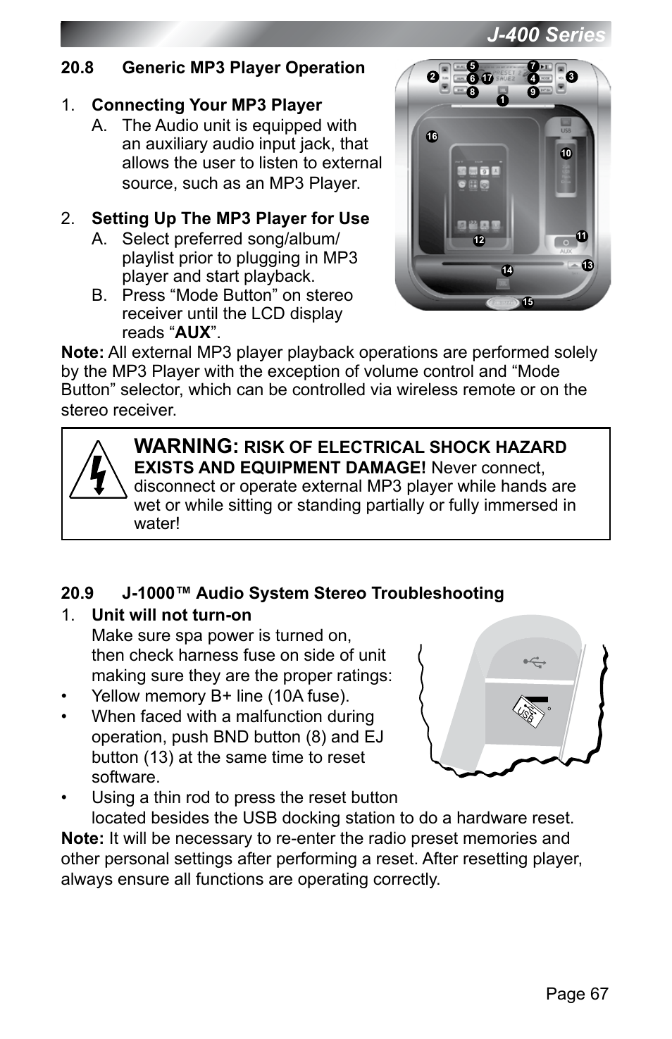 8 generic mp3 player operation, 9 j-1000™ audio system stereo troubleshooting, J-400 series | Warning, Page 67 | Jacuzzi J - 400 SERIES J - 460 User Manual | Page 72 / 77