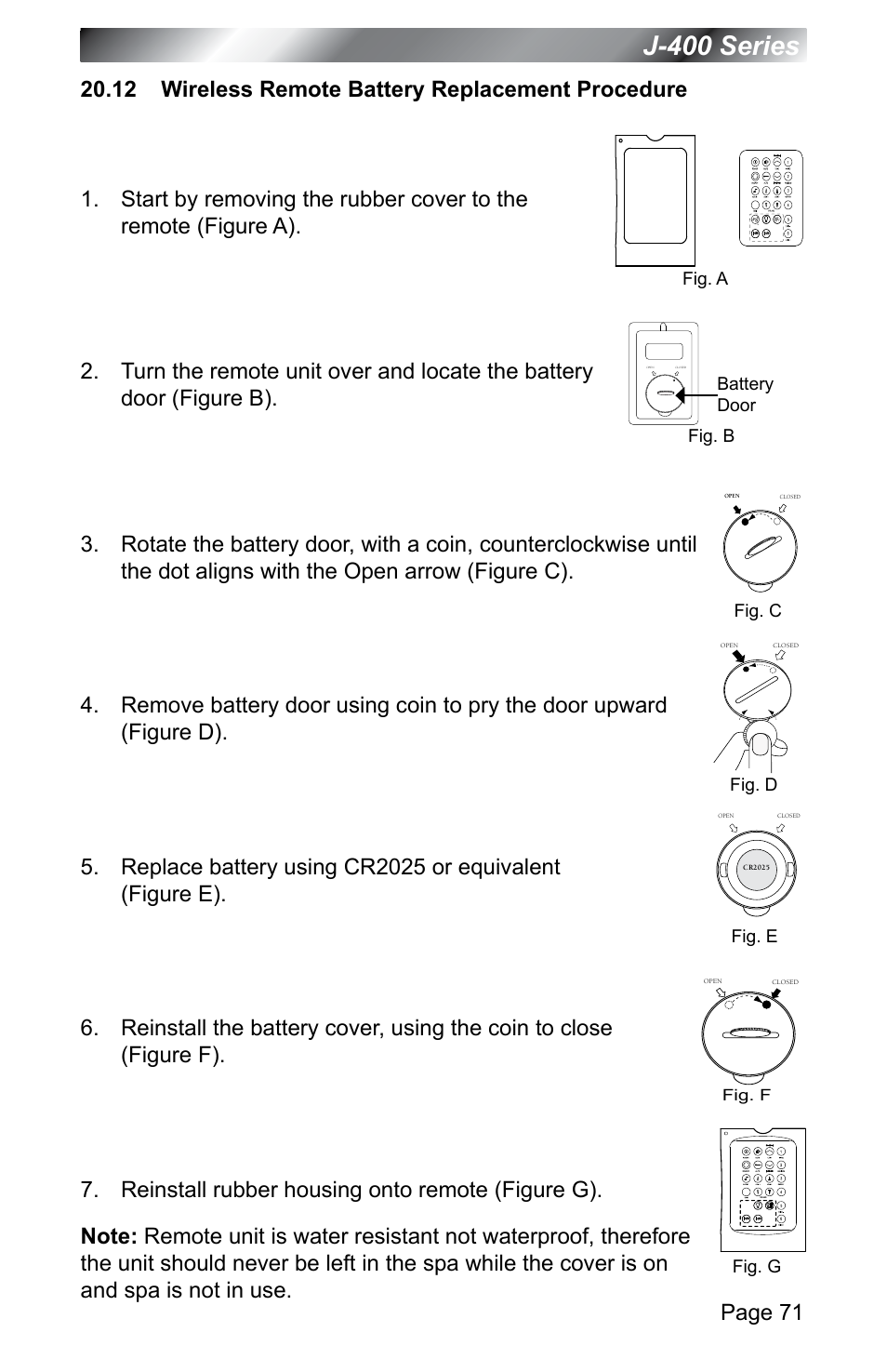 12 wireless remote battery replacement procedure, J-400 series, Page 71 | Jacuzzi J - 400 SERIES J - 460 User Manual | Page 76 / 77