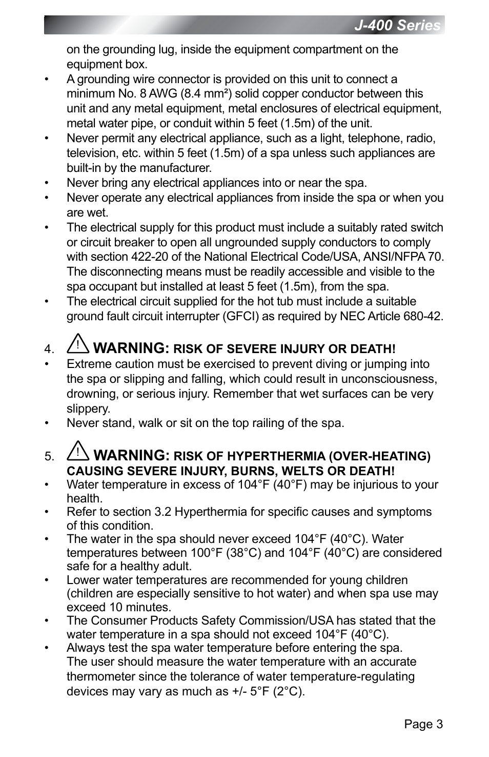 J-400 series, Warning | Jacuzzi J - 400 SERIES J - 460 User Manual | Page 8 / 77