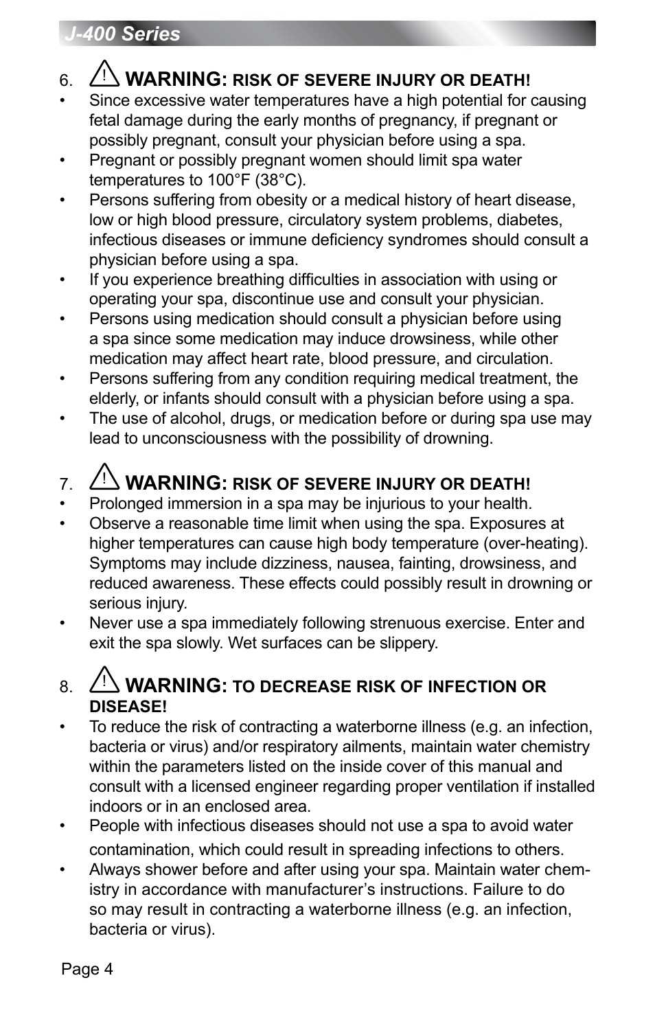 J-400 series, Warning | Jacuzzi J - 400 SERIES J - 460 User Manual | Page 9 / 77