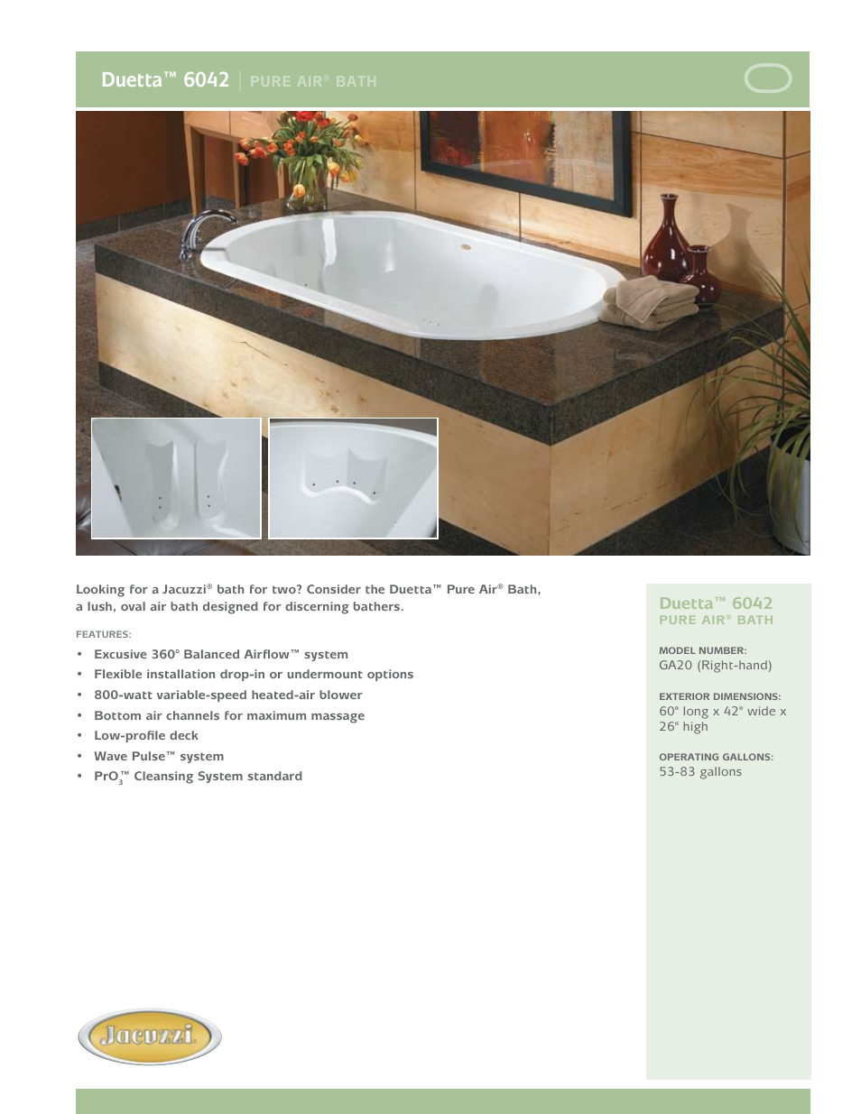 Jacuzzi Duetta 6042 Pure Air Bath GA20 User Manual | 2 pages