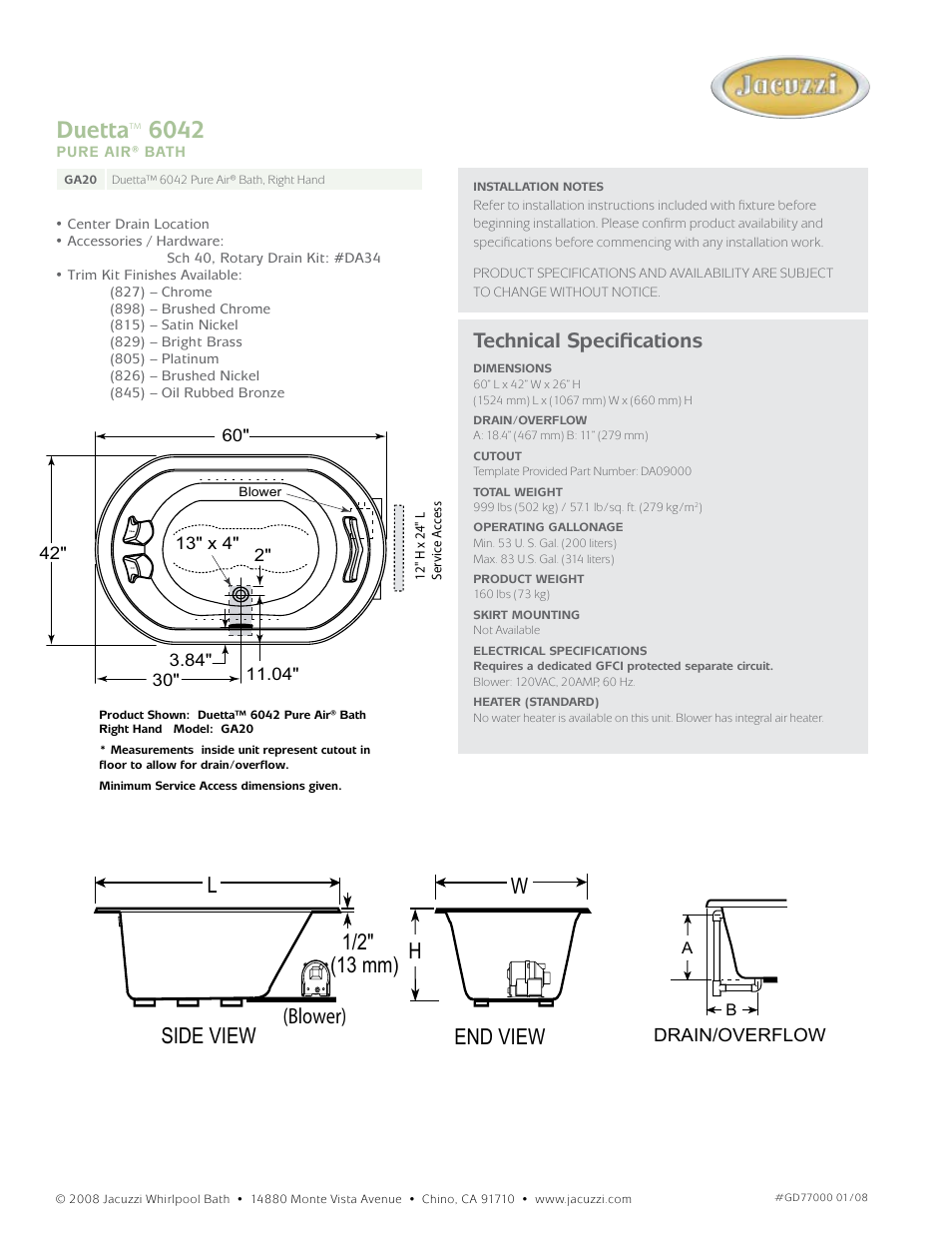 Duetta, End view h w side view l 1/2" (13 mm) (blower), Technical specifications | Jacuzzi Duetta 6042 Pure Air Bath GA20 User Manual | Page 2 / 2