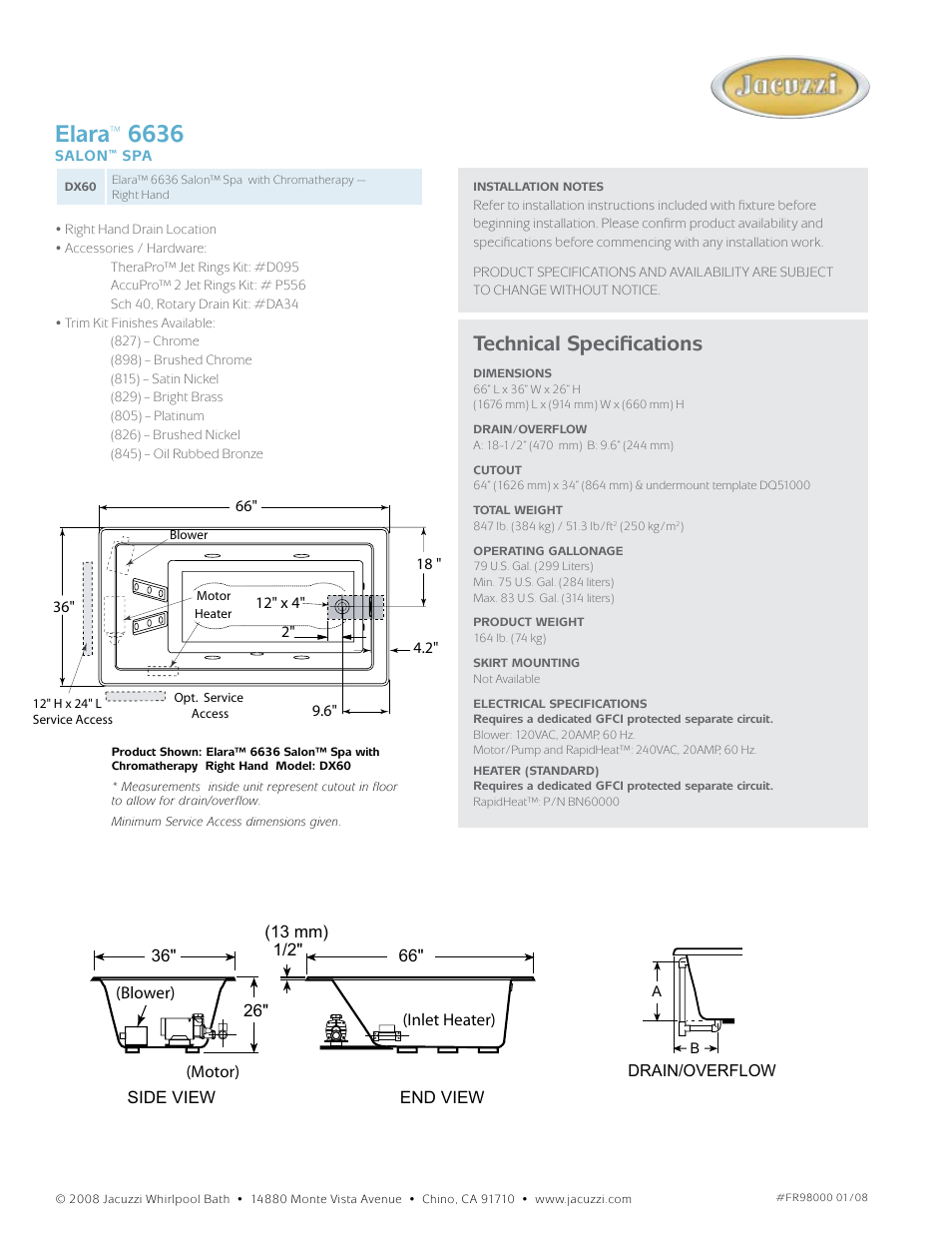 Elara, Technical specifications | Jacuzzi Elara DX60 User Manual | Page 2 / 2