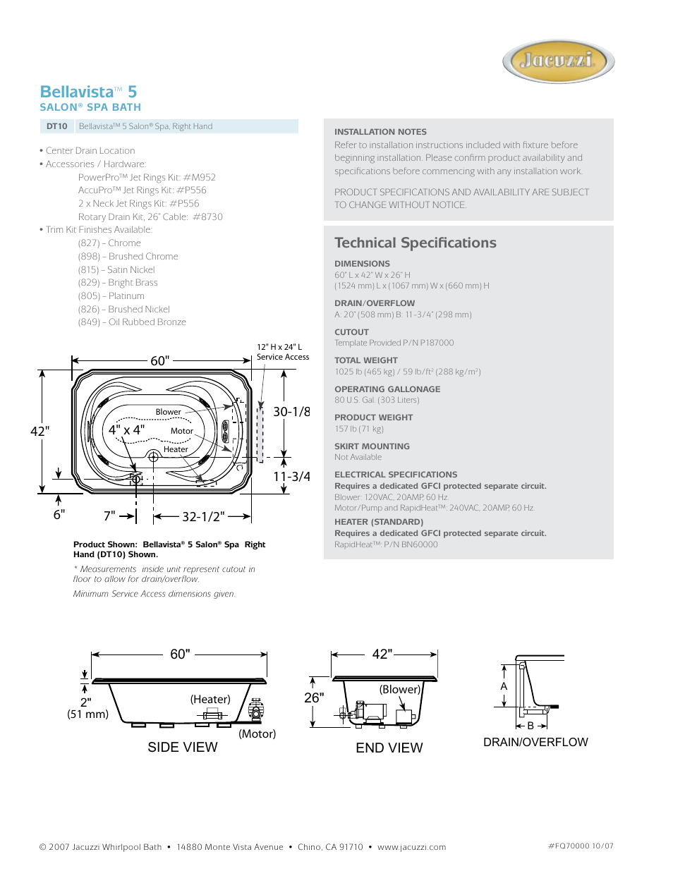 Bellavista, Technical specifications, End view side view | Jacuzzi Bellavista DT10 User Manual | Page 2 / 2