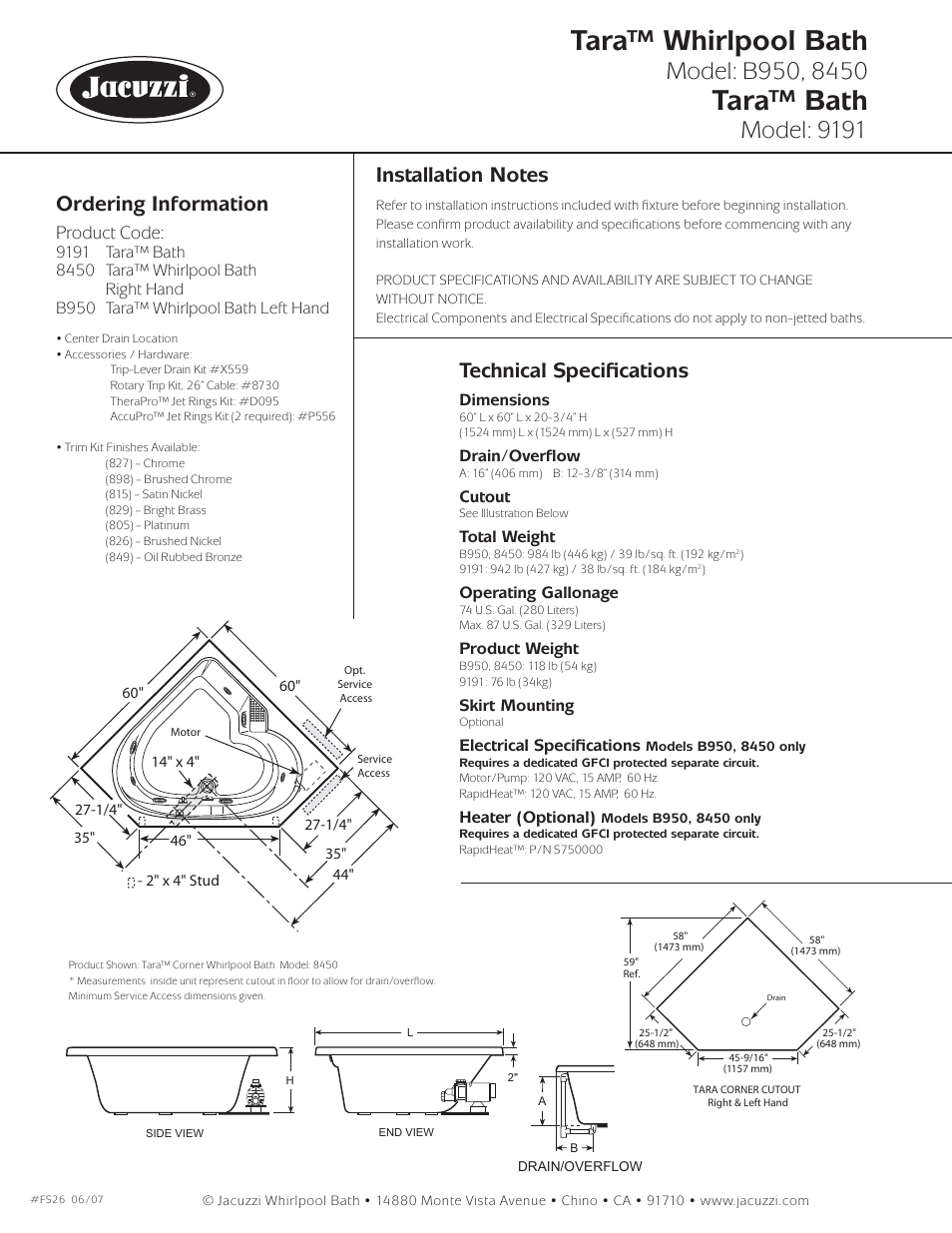Tara™ whirlpool bath, Tara™ bath, Model: 9191 | Ordering information, Technical speciﬁ cations, Product code | Jacuzzi Tara Whirlpool Bath and Soaking Bath B950 User Manual | Page 2 / 2