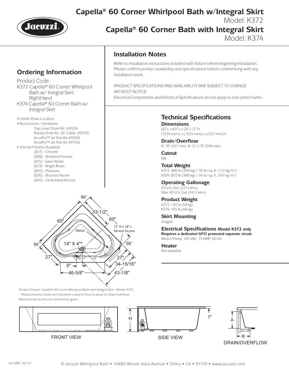 Capella® 60 corner whirlpool bath w/integral skirt, Capella® 60 corner bath with integral skirt, Model: k372 | Model: k374, Ordering information, Technical speciﬁ cations, Product code | Jacuzzi Capella K372 User Manual | Page 2 / 2