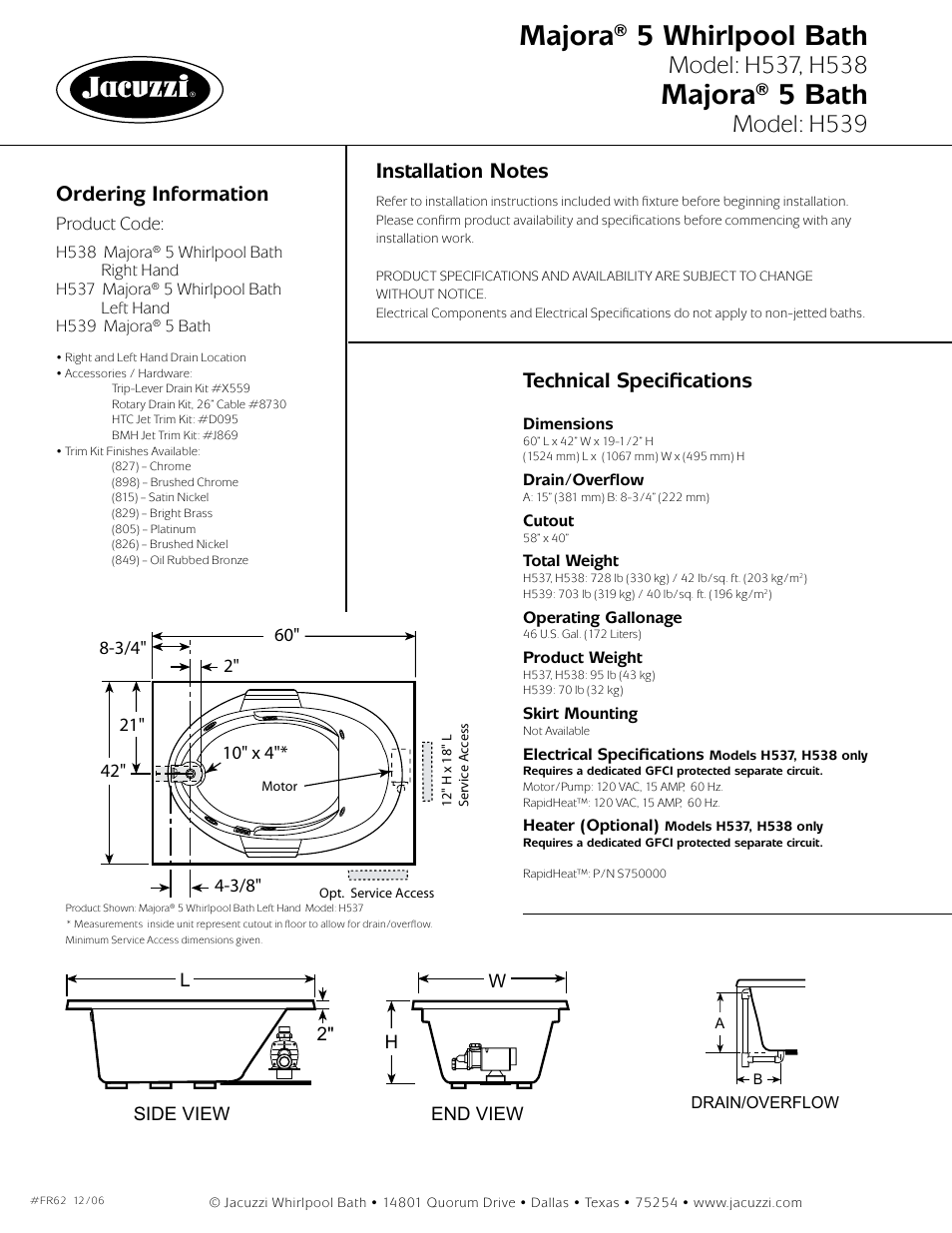 Majora® 5 whirlpool bath, Majora® 5 bath, Model: h539 | Ordering information, Technical specifications | Jacuzzi majora FR62 User Manual | Page 2 / 2