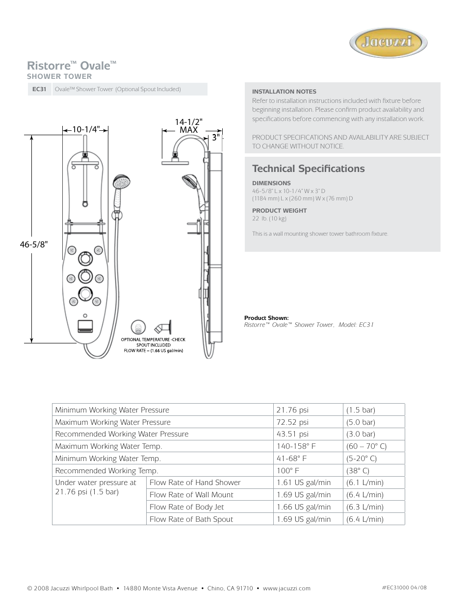 Ristorre, Ovale, Technical specifications | Jacuzzi Ristorre Ovale EC31 User Manual | Page 2 / 2