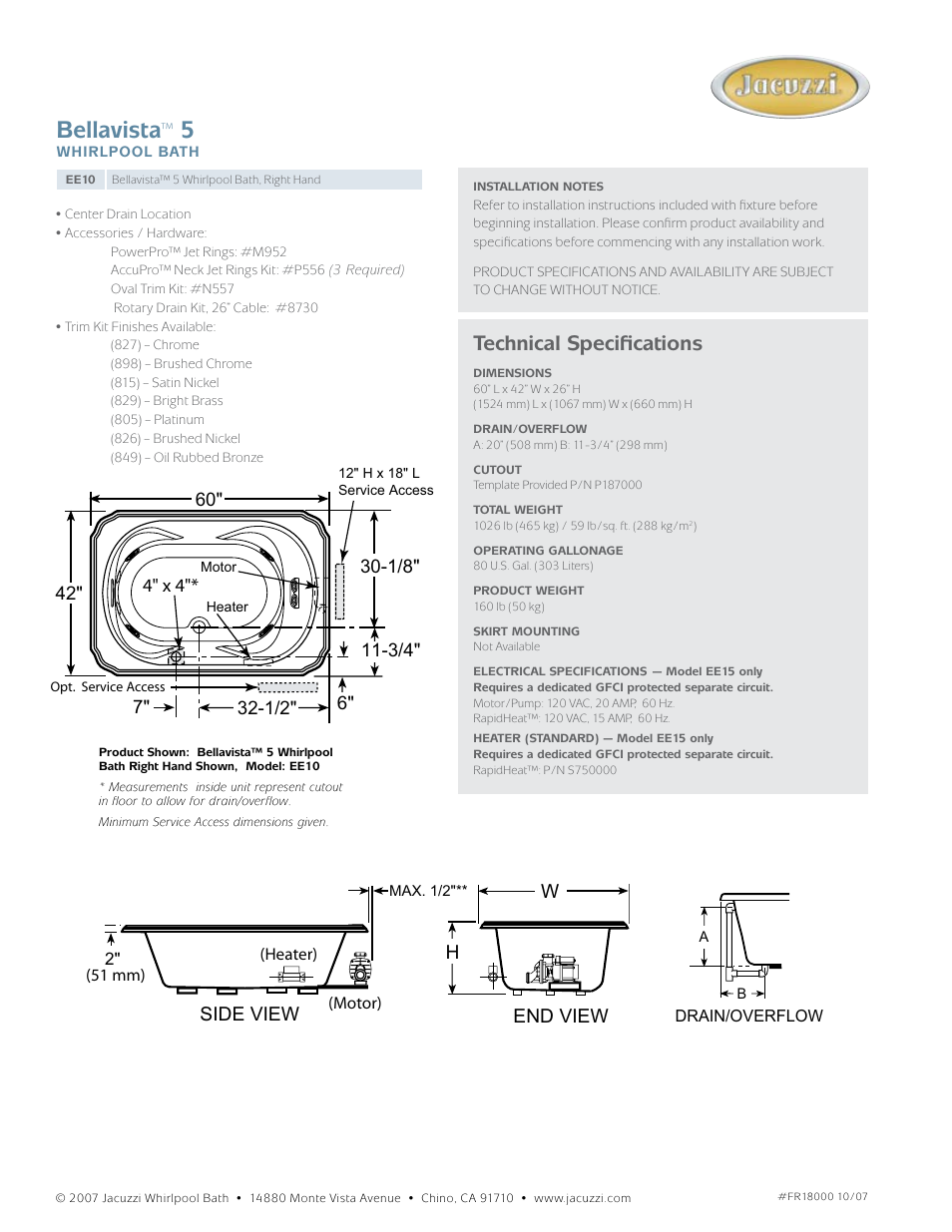 Bellavista, Technical specifications, End view side view | Lw h | Jacuzzi Bellavista EE10 User Manual | Page 2 / 2
