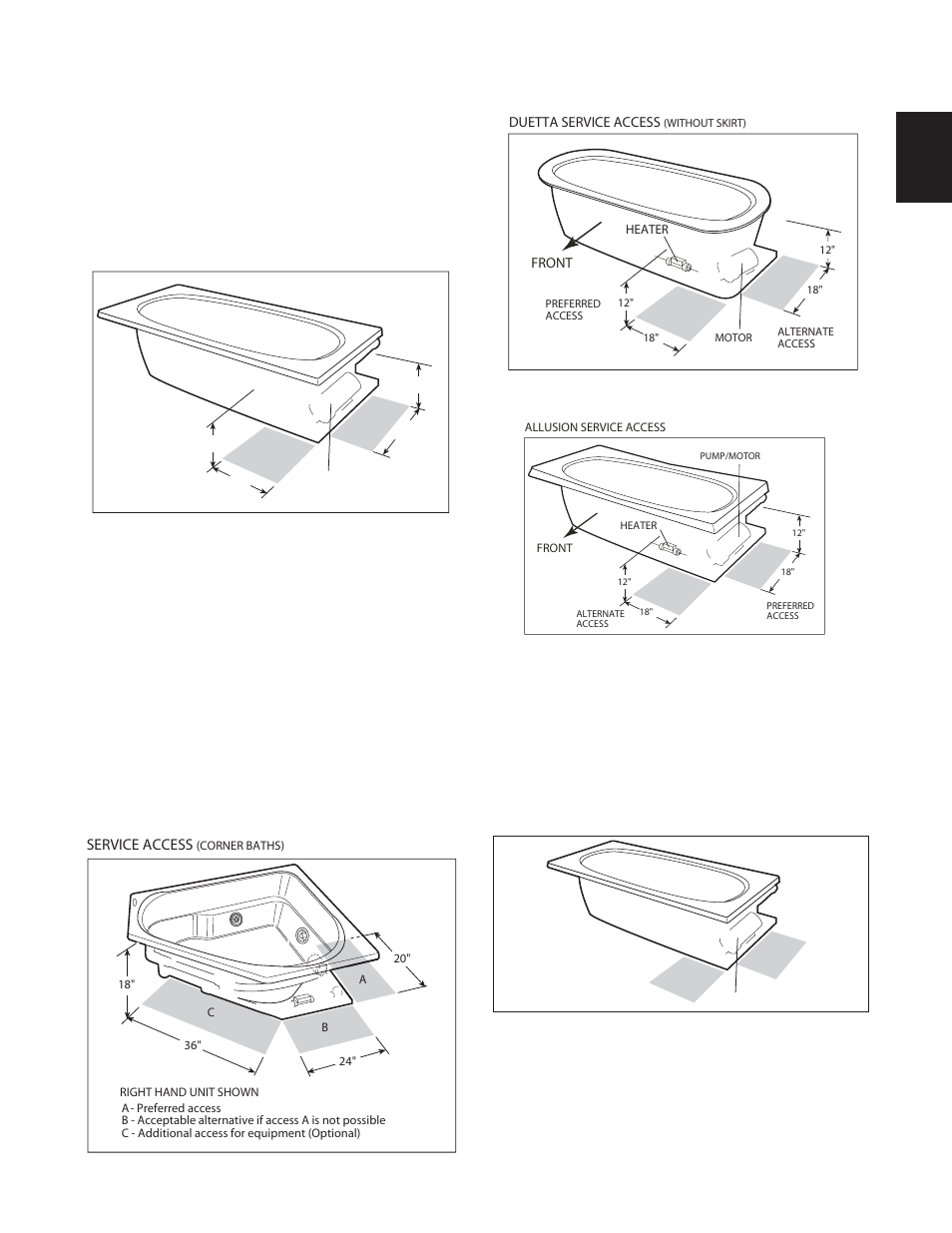 Installation instructions, Service access, Corner tubs) | Jacuzzi Luxury/Designer Bath Series K339000X User Manual | Page 15 / 30