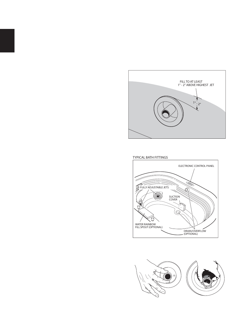 Operating instructions, Operation, Controlling whirlpool action | Water level | Jacuzzi Luxury/Designer Bath Series K339000X User Manual | Page 20 / 30