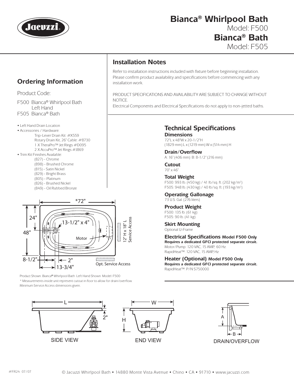 Bianca® whirlpool bath, Bianca® bath, Model: f500 | Model: f505, Ordering information, Technical speciﬁ cations | Jacuzzi Bianca F505 User Manual | Page 2 / 2
