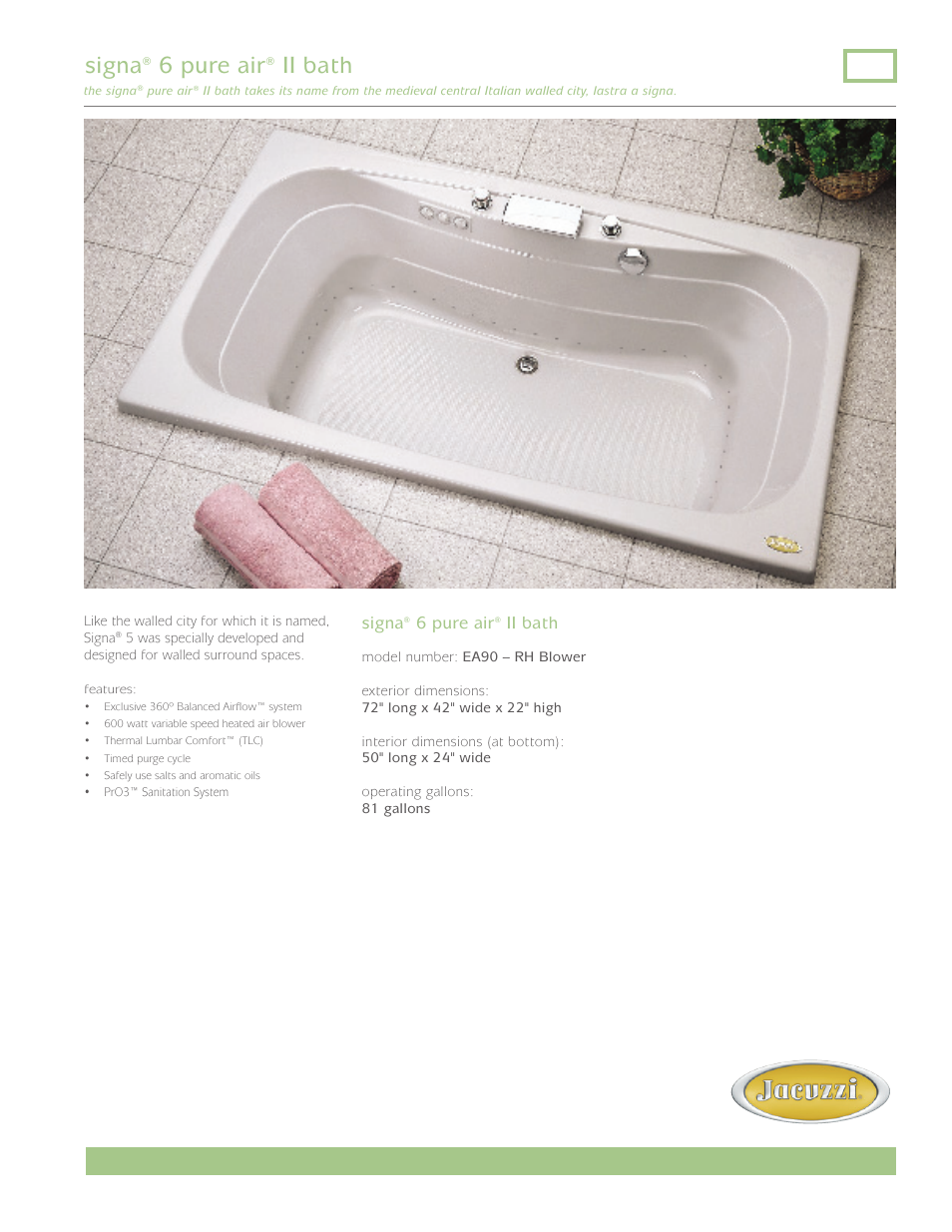 Jacuzzi Signa 6 Pure Air II Bath EA90 User Manual | 2 pages