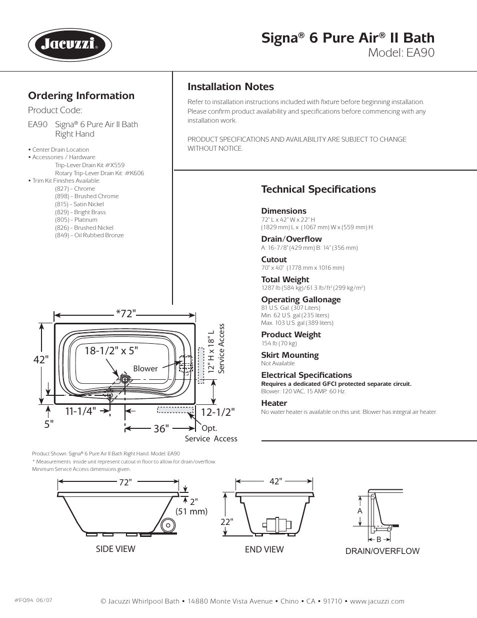Signa® 6 pure air® ii bath, Model: ea90, Ordering information | Technical speciﬁ cations, Signa® 6, right hand air bath | Jacuzzi Signa 6 Pure Air II Bath EA90 User Manual | Page 2 / 2