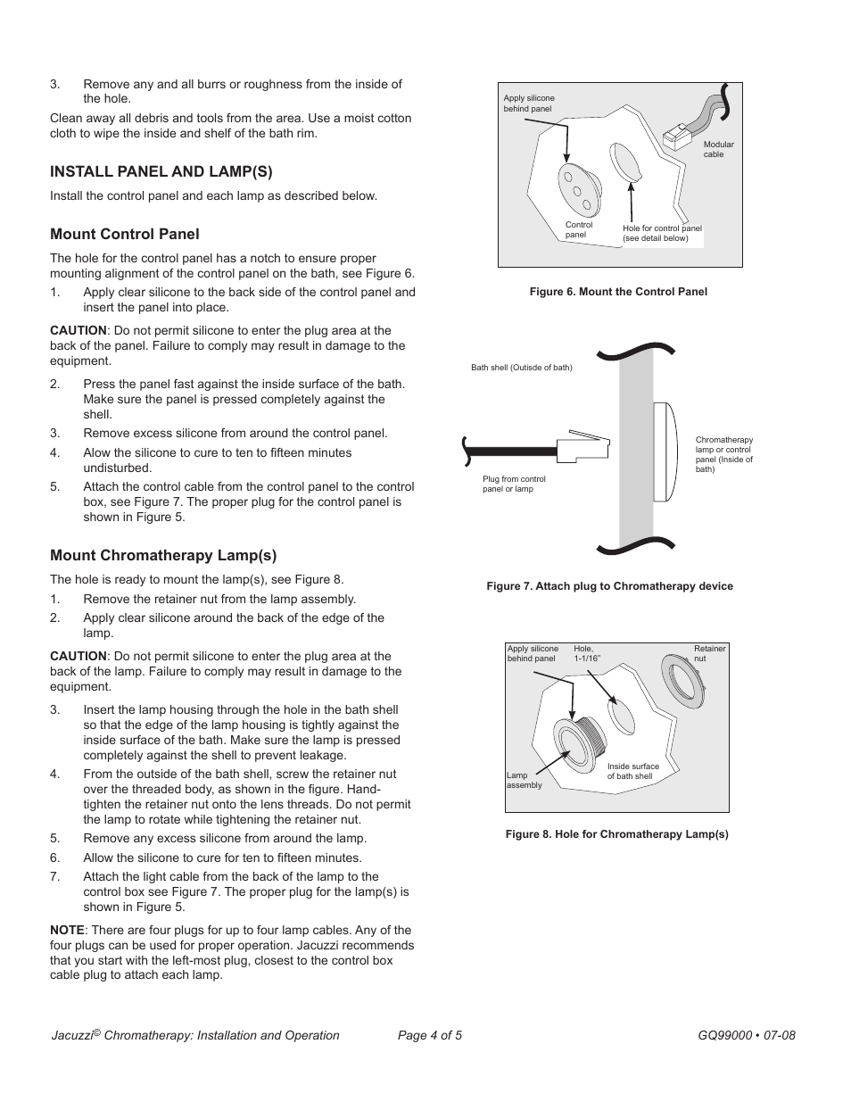 Install panel and lamp(s), Mount control panel, Mount chromatherapy lamp(s) | Jacuzzi GQ99000 User Manual | Page 4 / 5