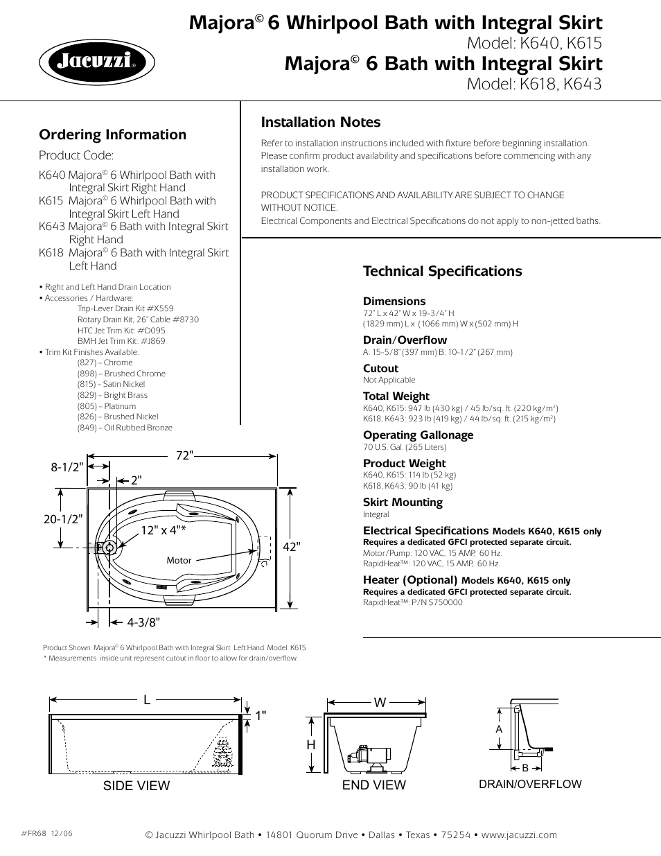 Majora, 6 whirlpool bath with integral skirt, 6 bath with integral skirt | Ordering information, Technical specifications | Jacuzzi majora FR68 User Manual | Page 2 / 2