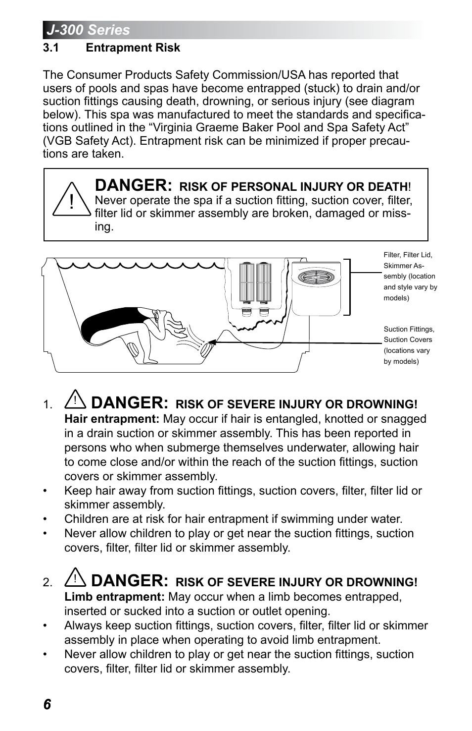 1 entrapment risk, Entrapment risk, Danger | Jacuzzi J - 375 User Manual | Page 10 / 60
