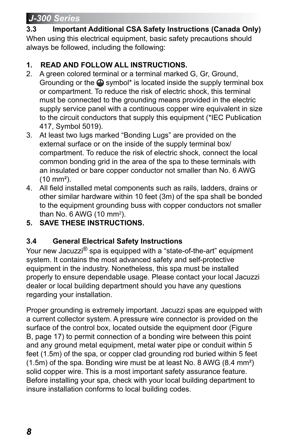 4 general electrical safety instructions, General electrical safety instructions, 8j-300 series | Jacuzzi J - 375 User Manual | Page 12 / 60