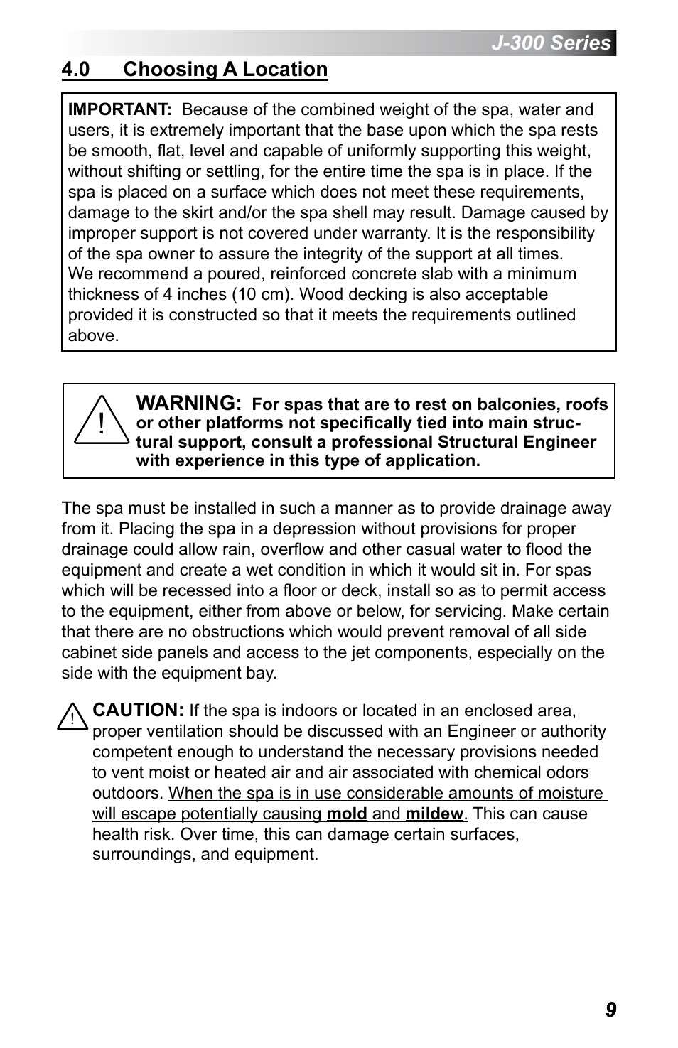 0 choosing a location | Jacuzzi J - 375 User Manual | Page 13 / 60